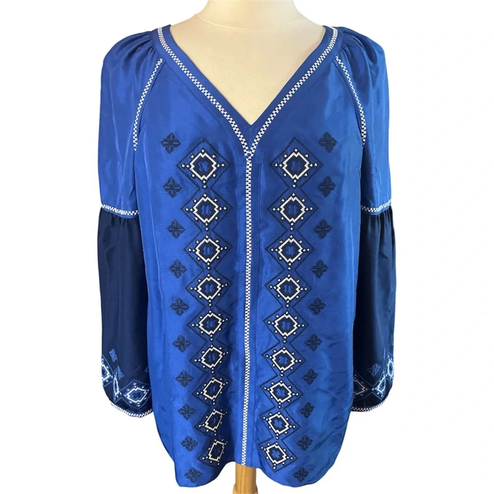 Tory Burch Royal Blue Silk Bohemian Embroidered Blouse Size 8